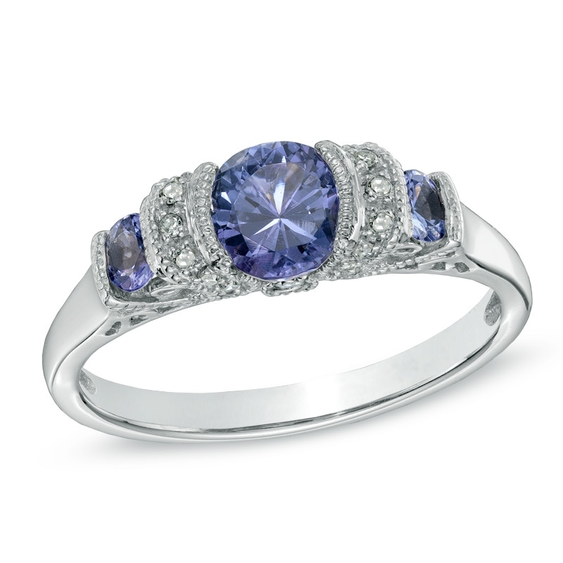 6.0mm Tanzanite and Diamond Accent Three Stone Ring in 10K White Gold