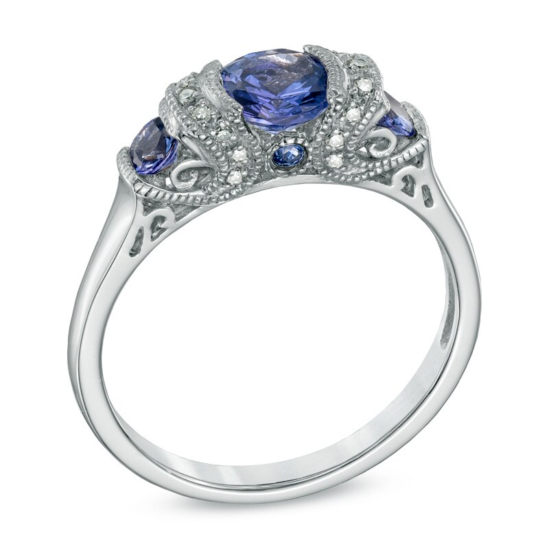 Main Image 2 of 6.0mm Tanzanite and Diamond Accent Three Stone Ring in 10K White Gold