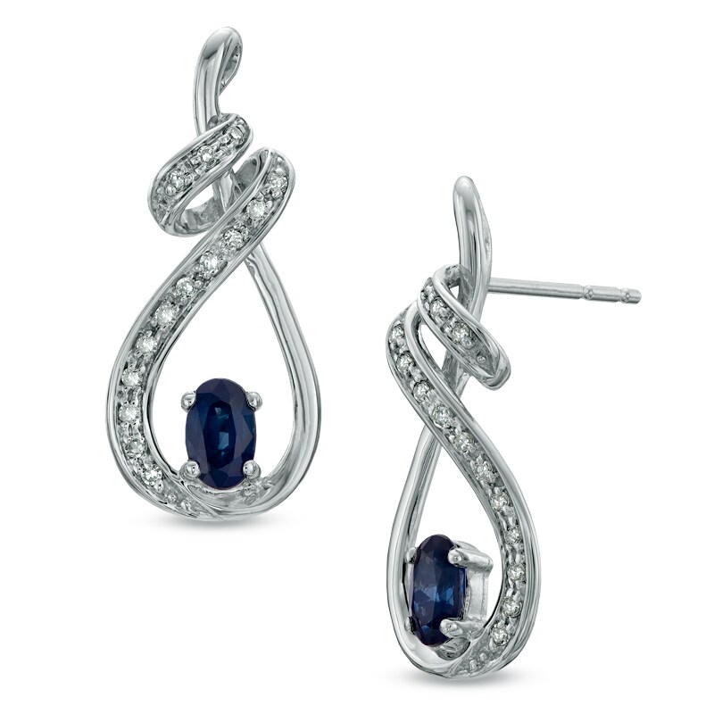 Main Image 1 of Oval Blue Sapphire and Diamond Accent Swirling Loop Earrings in 10K White Gold