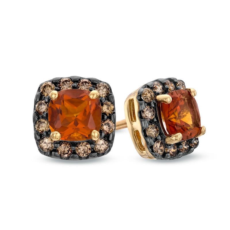 Main Image 1 of 4.0mm Cushion-Cut Madeira Citrine and 1/6 CT. T.W. Champagne Diamond Stud Earrings in 10K Gold