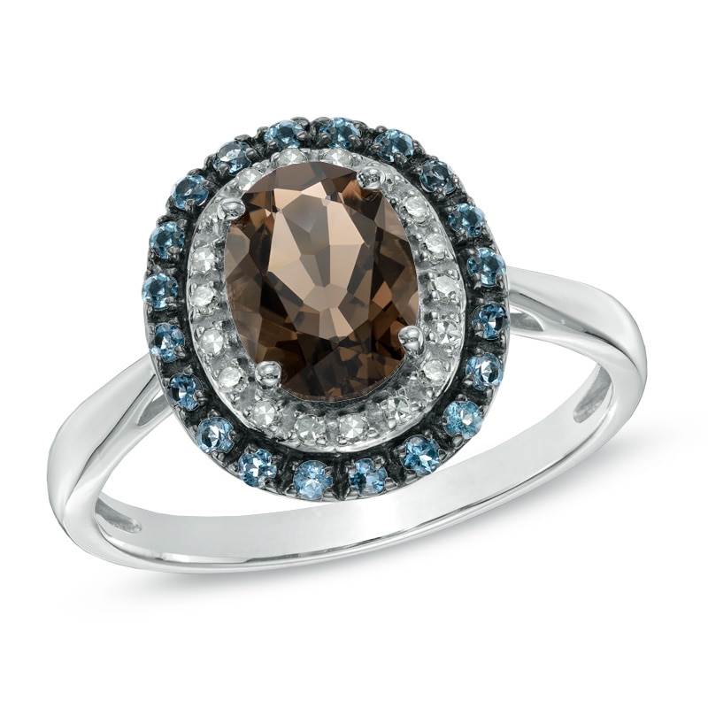 Main Image 1 of Oval Smoky Quartz, London Blue Topaz and Diamond Accent Frame Ring in 10K White Gold
