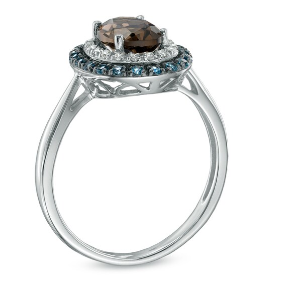 Oval Smoky Quartz, London Blue Topaz and Diamond Accent Frame Ring in 10K White Gold