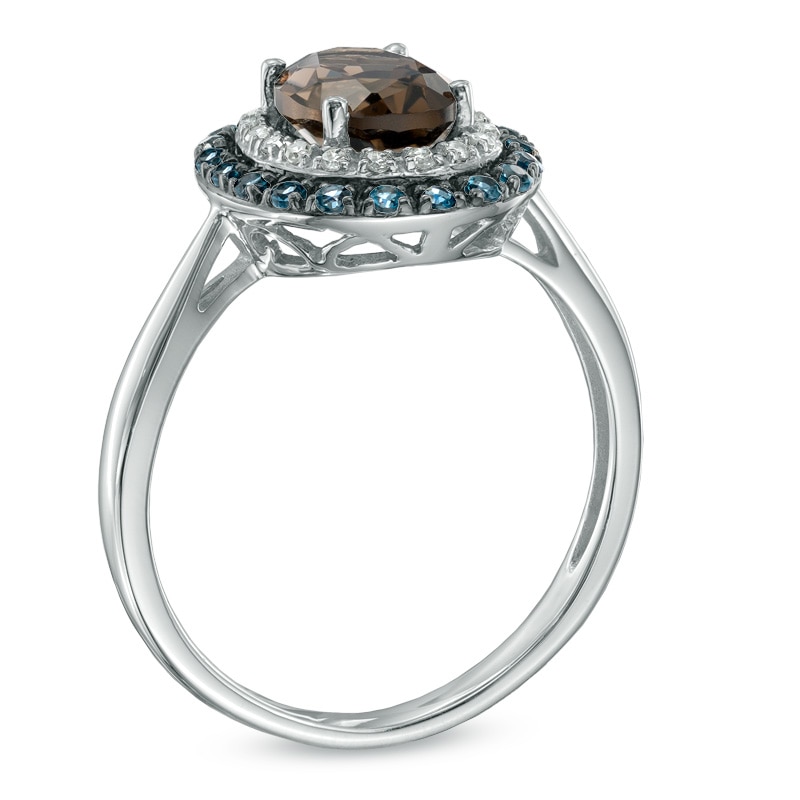 Main Image 2 of Oval Smoky Quartz, London Blue Topaz and Diamond Accent Frame Ring in 10K White Gold