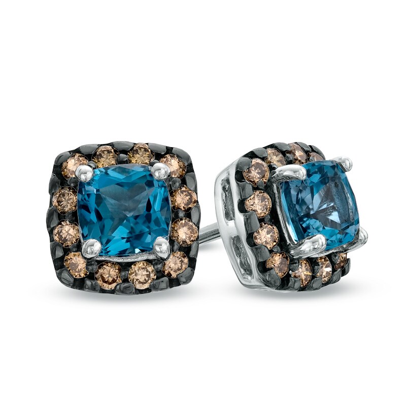 Main Image 1 of 4.0mm Cushion-Cut London Blue Topaz and 1/6 CT. T.W. Champagne Diamond Stud Earrings in 10K White Gold