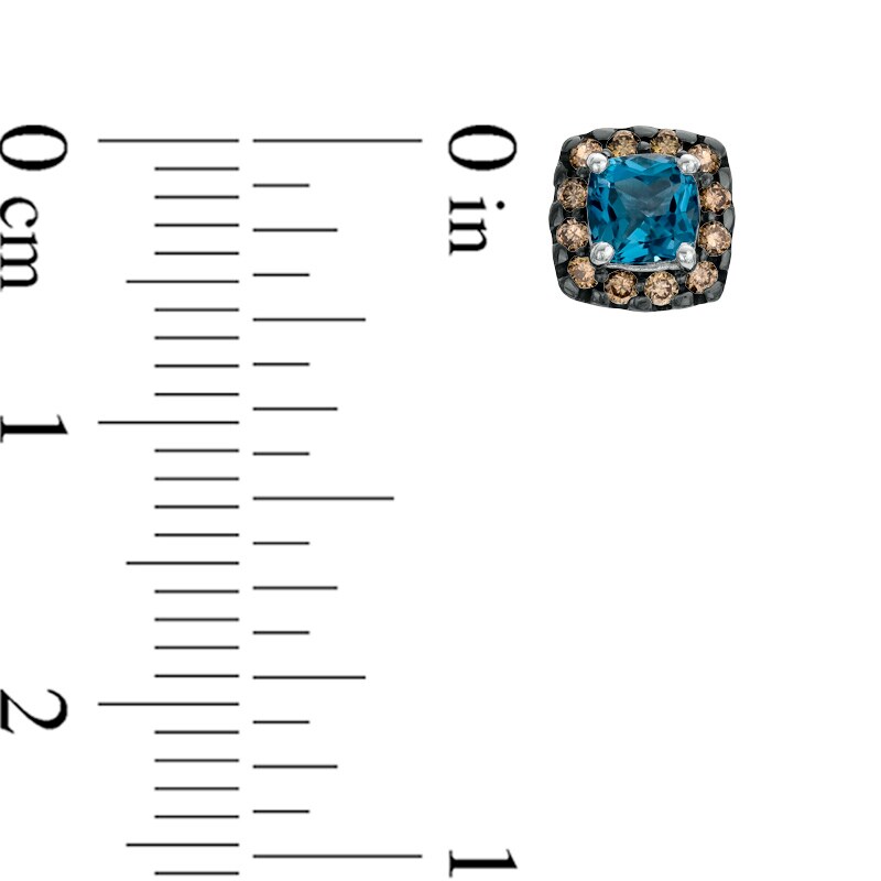 Main Image 2 of 4.0mm Cushion-Cut London Blue Topaz and 1/6 CT. T.W. Champagne Diamond Stud Earrings in 10K White Gold