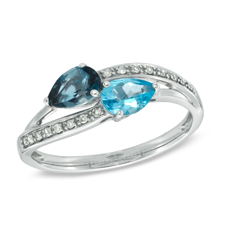 Pear-Shaped London and Swiss Blue Topaz with Diamond Accent Bypass Ring in Sterling Silver