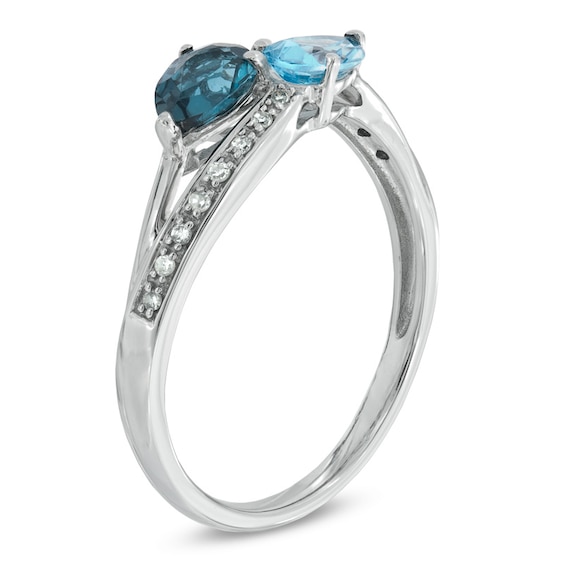 Pear-Shaped London and Swiss Blue Topaz with Diamond Accent Bypass Ring in Sterling Silver