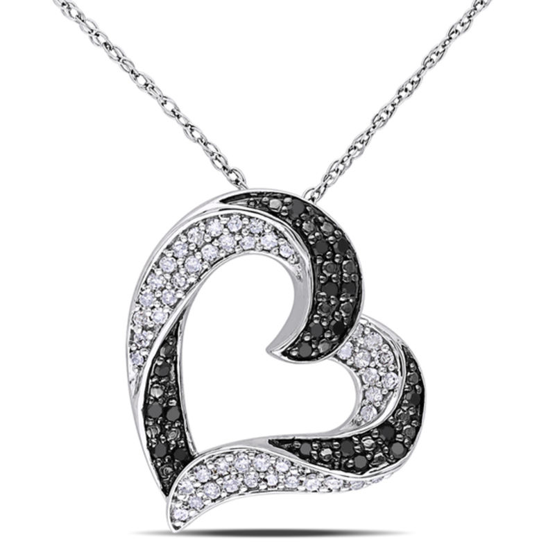 Main Image 1 of 1/3 CT. T.W. Enhanced Black and White Diamond Tilted Heart Pendant in 10K White Gold - 17"