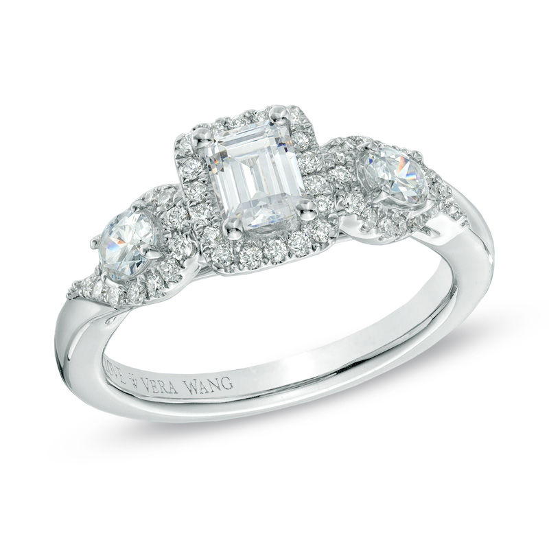 Main Image 1 of Vera Wang Love Collection 1 CT. T.W. Emerald-Cut Diamond Three Stone Engagement Ring in 14K White Gold