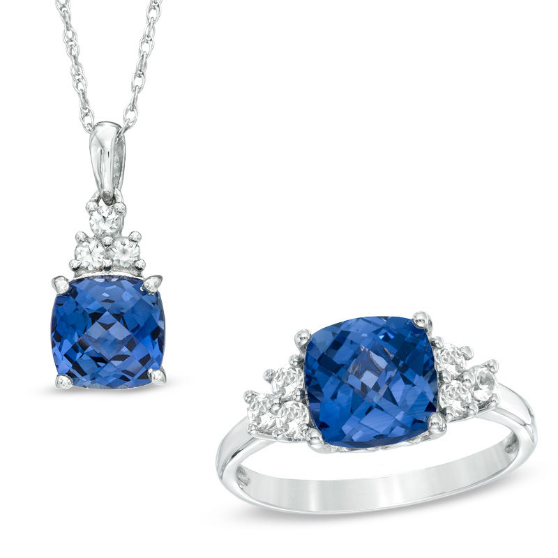 Main Image 1 of 8.0mm Cushion-Cut Lab-Created Blue and White Sapphire Pendant and Ring Set in Sterling Silver - Size 7