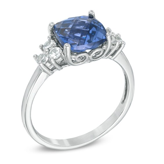 8.0mm Cushion-Cut Lab-Created Blue and White Sapphire Pendant and Ring Set in Sterling Silver - Size 7