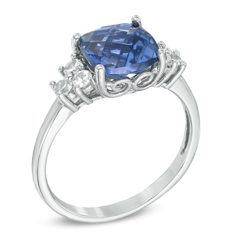 Main Image 2 of 8.0mm Cushion-Cut Lab-Created Blue and White Sapphire Pendant and Ring Set in Sterling Silver - Size 7