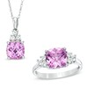 Thumbnail Image 1 of 8.0mm Cushion-Cut Lab-Created Pink  and White Sapphire Pendant and Ring Set in Sterling Silver - Size 7
