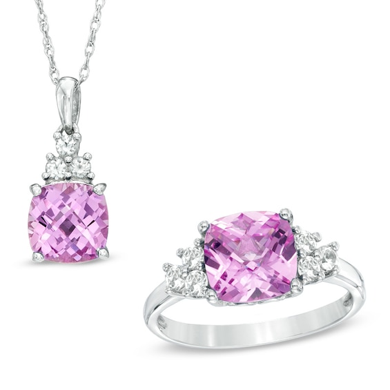 8.0mm Cushion-Cut Lab-Created Pink and White Sapphire Pendant and Ring Set in Sterling Silver - Size 7