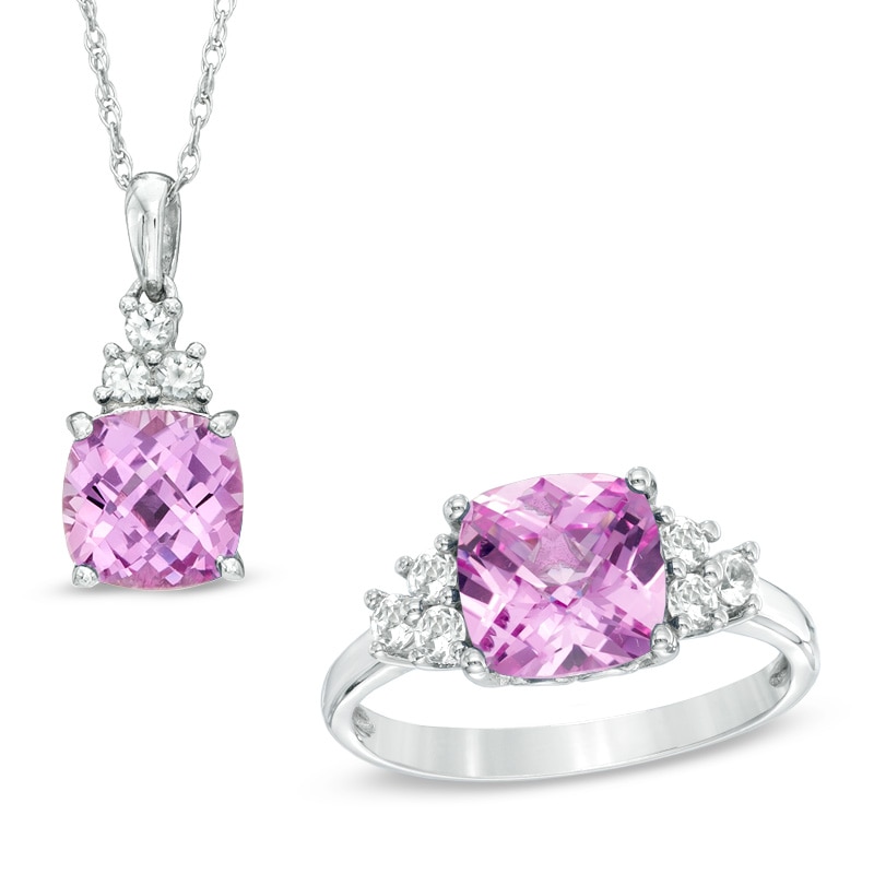 Main Image 1 of 8.0mm Cushion-Cut Lab-Created Pink  and White Sapphire Pendant and Ring Set in Sterling Silver - Size 7