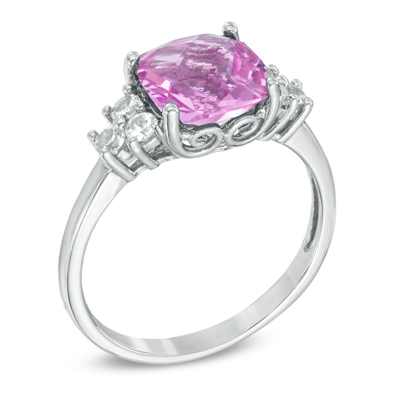 Main Image 2 of 8.0mm Cushion-Cut Lab-Created Pink  and White Sapphire Pendant and Ring Set in Sterling Silver - Size 7