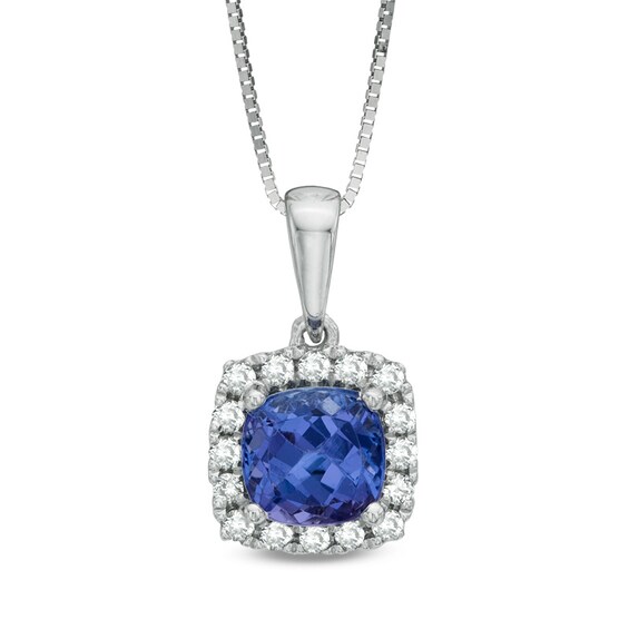 6.0mm Cushion-Cut Tanzanite and 1/6 CT. T.w. Diamond Frame Pendant in 10K White Gold