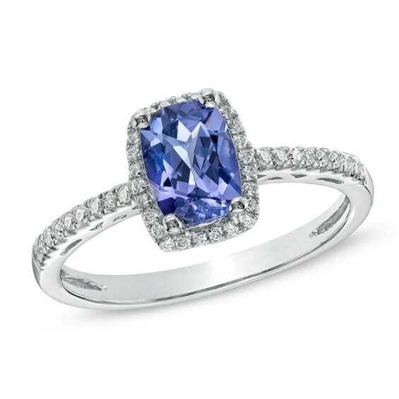 Cushion-Cut Tanzanite and 1/8 CT. T.w. Diamond Frame Ring in 10K White Gold