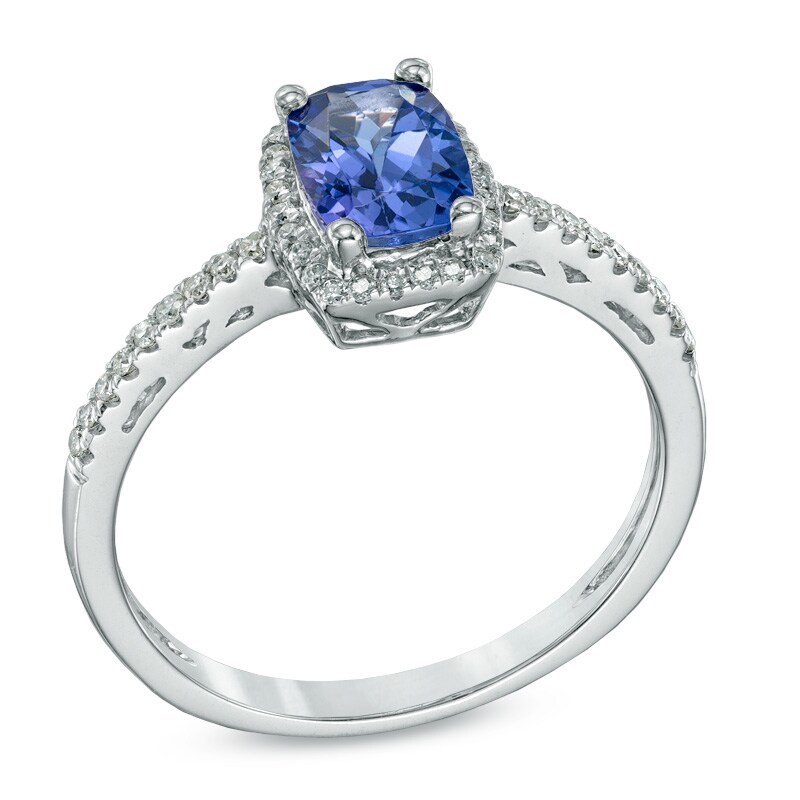 Main Image 2 of Cushion-Cut Tanzanite and 1/8 CT. T.W. Diamond Frame Ring in 10K White Gold