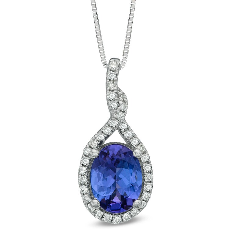Main Image 1 of Oval Tanzanite and 1/8 CT. T.W. Diamond Twist Pendant in 14K White Gold