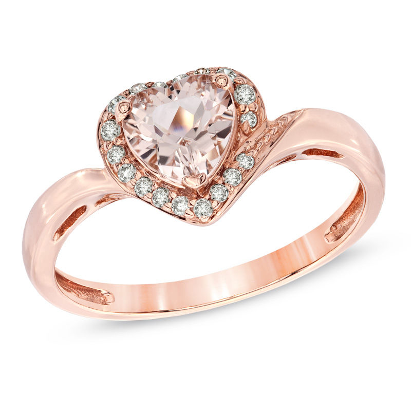 Main Image 1 of 6.0mm Heart-Shaped Morganite and 1/10 CT. T.W. Diamond Ring in 10K Rose Gold