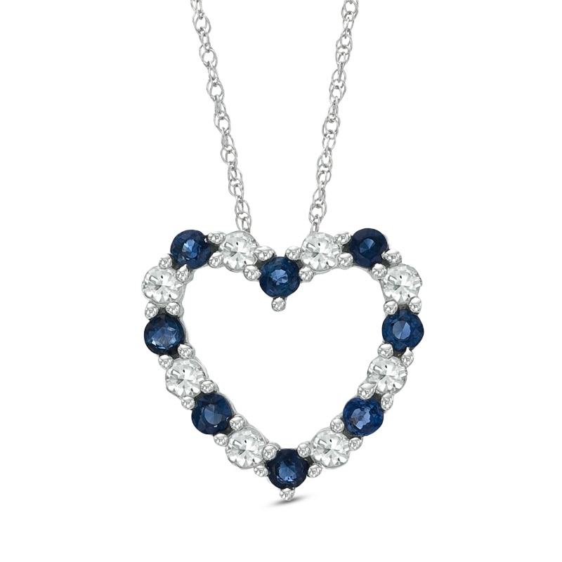 Main Image 1 of Blue and White Sapphire Heart Pendant in 10K White Gold