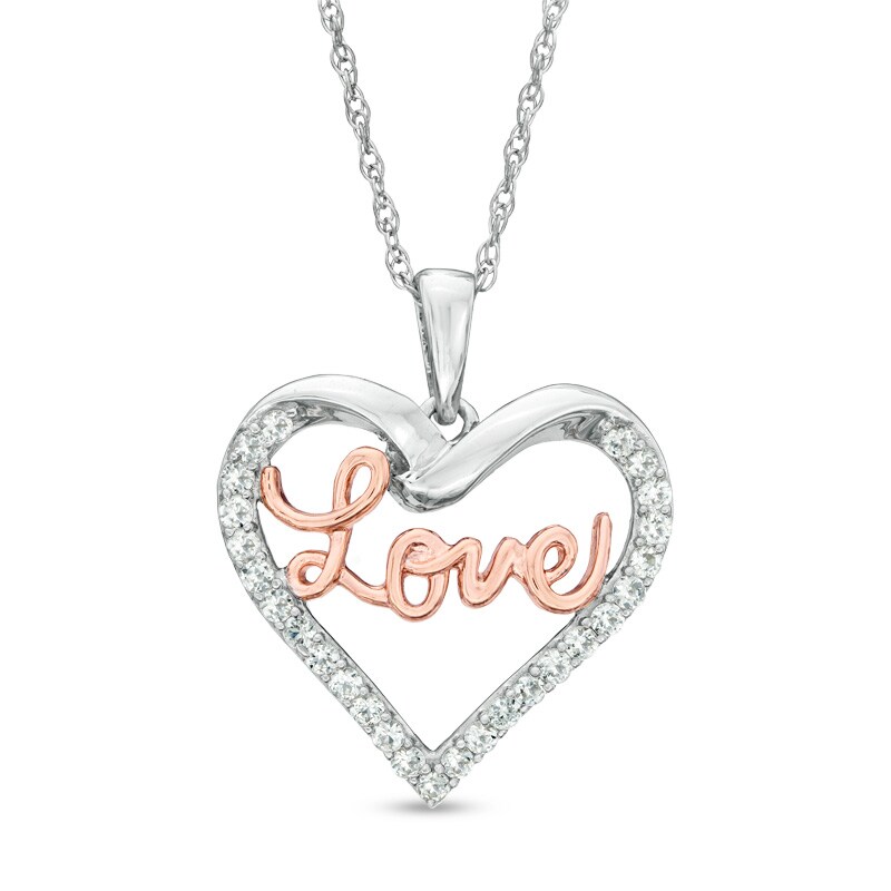 Main Image 1 of Lab-Created White Sapphire "Love" Heart Pendant in Sterling Silver and 14K Rose Gold Plate