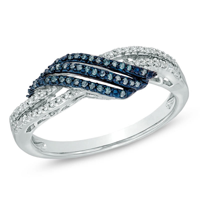 Main Image 1 of 1/6 CT. T.W. Enhanced Blue and White Diamond Split Waves Ring in Sterling Silver
