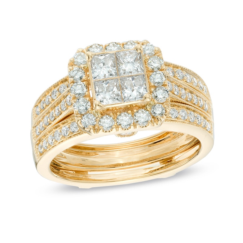 Main Image 1 of 1-1/2 CT. T.W. Quad Princess-Cut Diamond Frame Bridal Set in 14K Gold