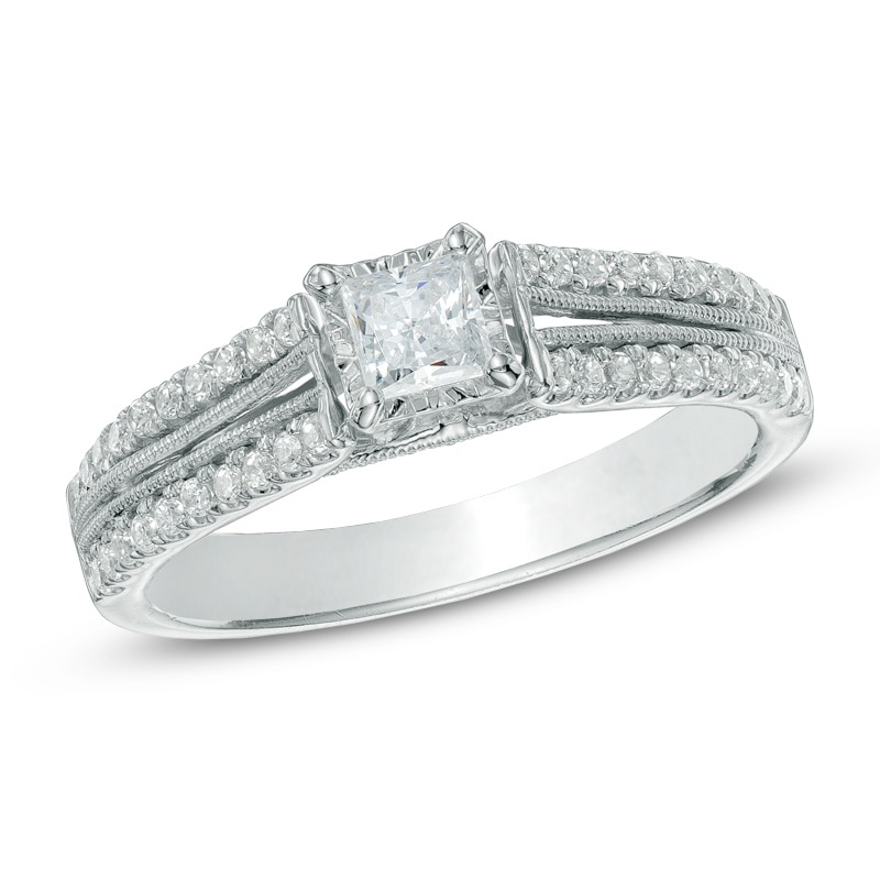Main Image 1 of 1/2 CT. T.W. Princess-Cut Diamond Split Shank Engagement Ring in 10K White Gold