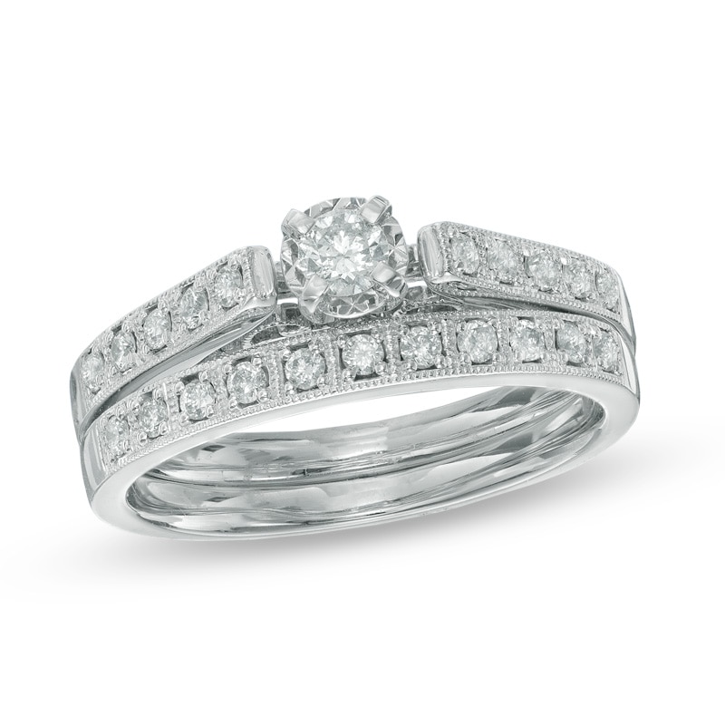 Main Image 1 of 3/8 CT. T.W. Diamond Vintage-Style Bridal Set in 10K White Gold