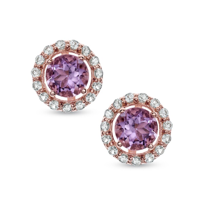 Main Image 1 of 6.0mm Amethyst and Lab-Created White Sapphire Pavé Frame Stud Earrings in Sterling Silver with 14K Rose Gold Plate