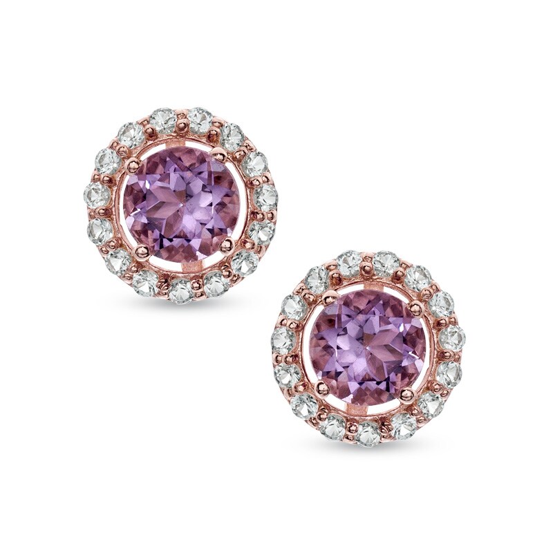 6.0mm Amethyst and Lab-Created White Sapphire Pavé Frame Stud Earrings in Sterling Silver with 14K Rose Gold Plate