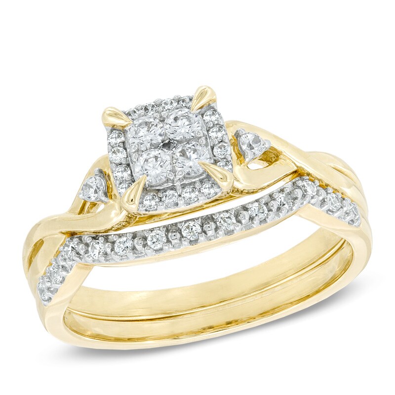 Main Image 1 of 1/3 CT. T.W. Quad Diamond Cushion-Shaped Frame Twist Shank Bridal Set in 10K Gold