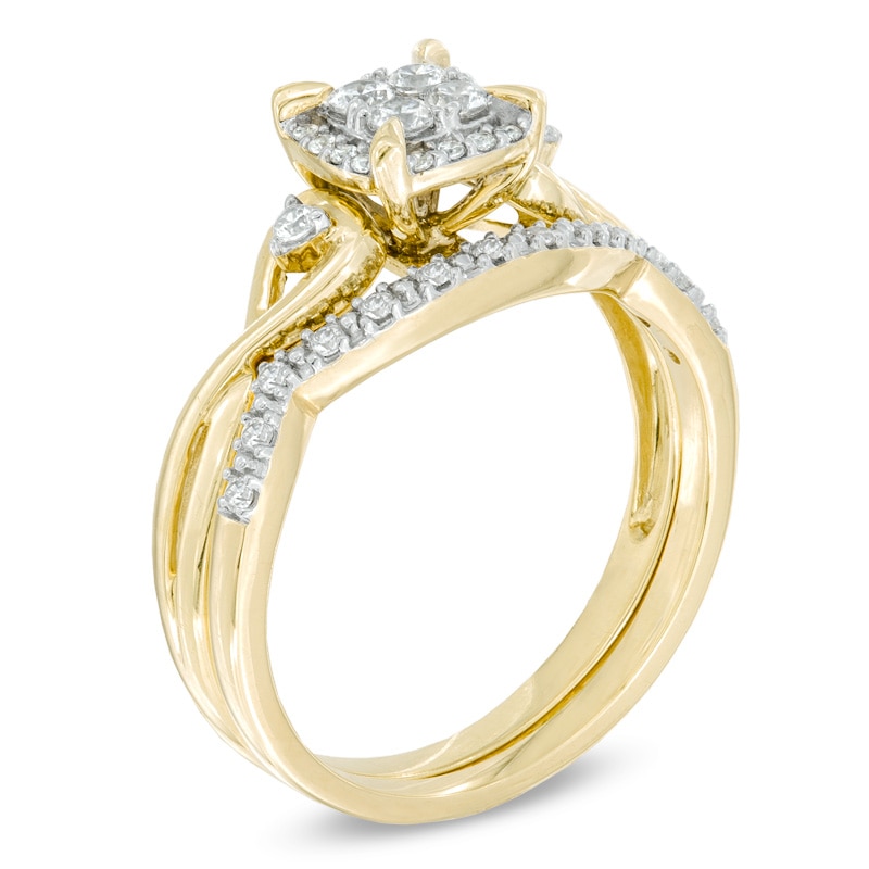 Main Image 2 of 1/3 CT. T.W. Quad Diamond Cushion-Shaped Frame Twist Shank Bridal Set in 10K Gold