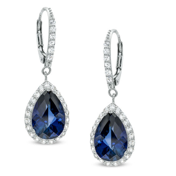 Pear Shaped Lab Created Blue And White Shire Frame Drop Earrings Pear Shaped Lab Created Blue And White Shire Frame Drop Earrings In Sterling Silver