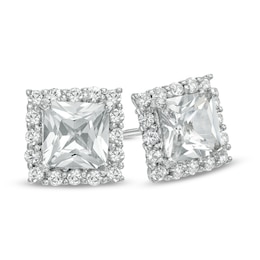 6.0mm Princess-Cut Lab-Created White Sapphire Frame Stud Earrings in Sterling Silver