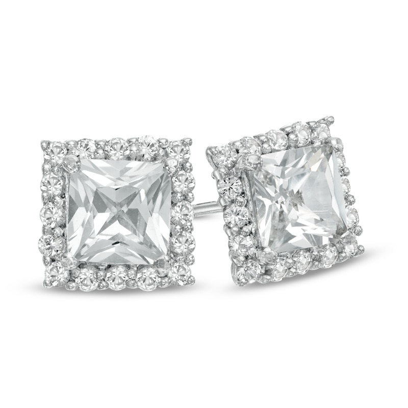 Main Image 1 of 6.0mm Princess-Cut Lab-Created White Sapphire Frame Stud Earrings in Sterling Silver