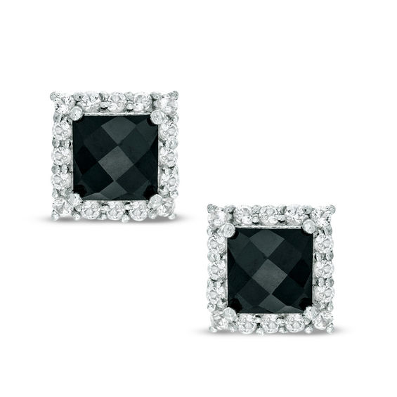 6.0mm Princess Cut Onyx and Lab Created White Sapphire Frame Stud Earrings in Sterling Silver Zales