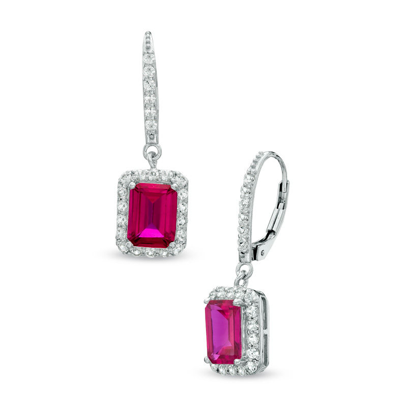 Emerald-Cut Lab-Created Ruby and White Sapphire Frame Drop Earrings in Sterling Silver