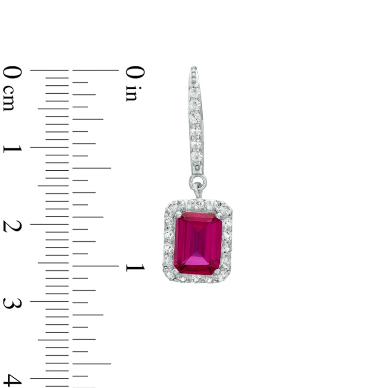 Emerald-Cut Lab-Created Ruby and White Sapphire Frame Drop Earrings in Sterling Silver