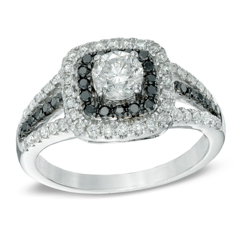 Main Image 1 of 1 CT. T.W. Enhanced Black and White Diamond Double Frame Engagement Ring in 14K White Gold