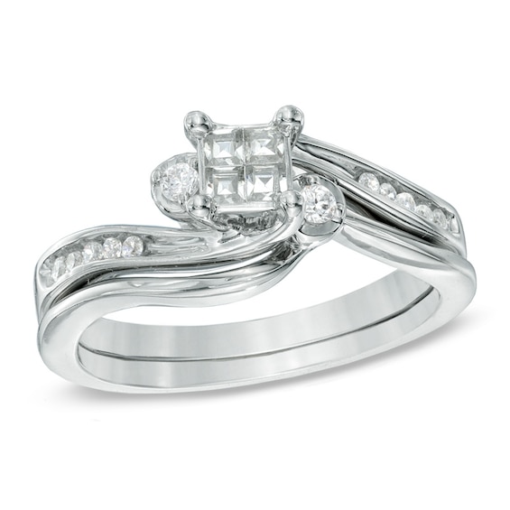 1/4 CT. T.w. Princess-Cut Quad Diamond Swirl Bridal Set in 10K White Gold