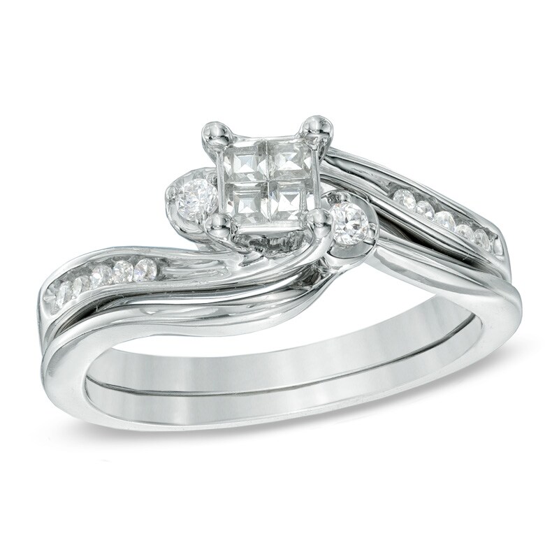 Main Image 1 of 1/4 CT. T.W. Princess-Cut Quad Diamond Swirl Bridal Set in 10K White Gold