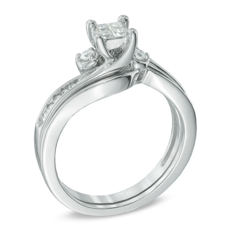 Main Image 2 of 1/4 CT. T.W. Princess-Cut Quad Diamond Swirl Bridal Set in 10K White Gold