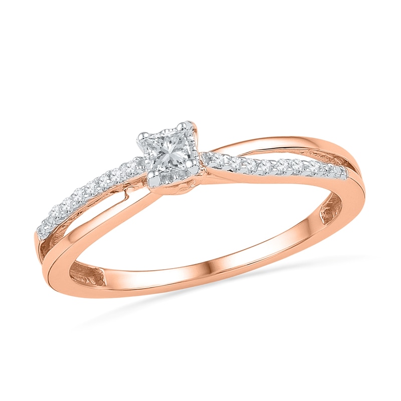 Main Image 1 of 1/10 CT. T.W. Princess-Cut Diamond Split Shank Promise Ring in 10K Rose Gold