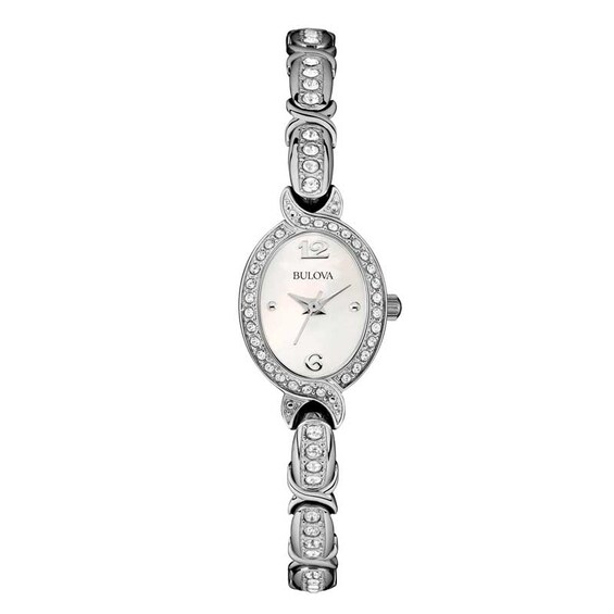 Ladies' Bulova Crystal Accent Watch with Oval Mother-of-Pearl Dial (Model: 96R199)