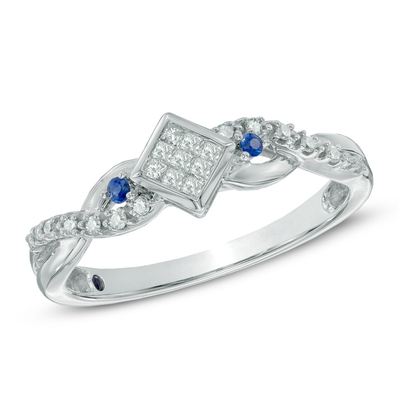 Main Image 1 of Cherished Promise Collection™ 1/10 CT. T.W. Diamond and Blue Sapphire Twist Promise Ring in 10K White Gold