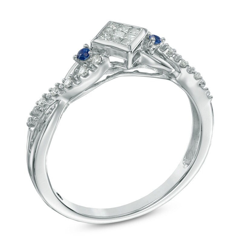 Main Image 2 of Cherished Promise Collection™ 1/10 CT. T.W. Diamond and Blue Sapphire Twist Promise Ring in 10K White Gold