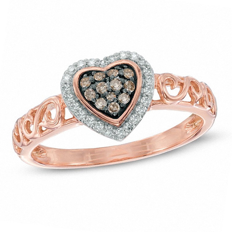 1/5 CT. T.W. Champagne and White Diamond Heart Cluster Frame Promise Ring in 10K Rose Gold